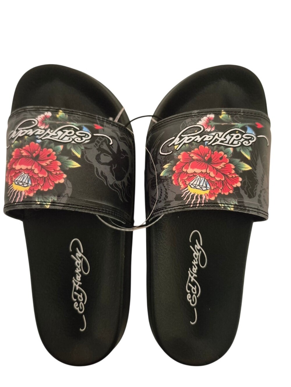 Ed Hardy Black Slides with Red Floral Diamond Graphic Womens 6